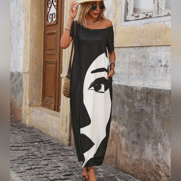 Asymmetrical One Shoulder Double Pocket Printed Dress With Line & Face - Picture 4 of 4